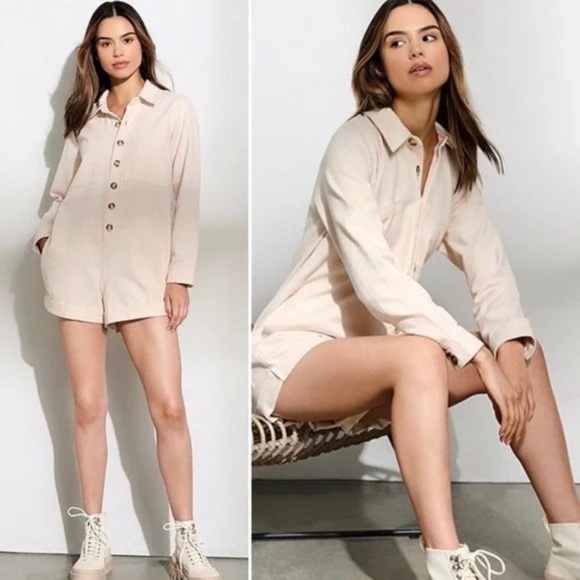 NWT Gianni Bini Vera Long Sleeve Button Down Collar Denim Romper in Cream Sz. XL - Picture 1 of 6